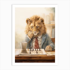 Playing Chess Watercolour Lion Art Painting 1 Art Print