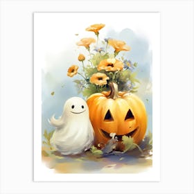 Cute Ghost With Pumpkins Halloween Watercolour 85 Art Print