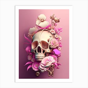 Skull With Steampunk 3 Details Pink Vintage Floral Art Print