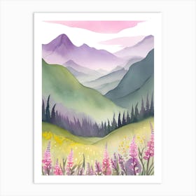 Watercolor Of Mountains And Flowers Art Print