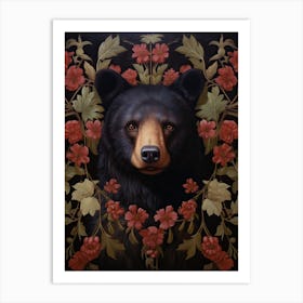 Black Bear Portrait With Rustic Flowers 0 Art Print