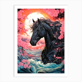 Black Horse In The Water Art Print