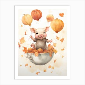 Tea Cup Pig Flying With Autumn Fall Pumpkins And Balloons Watercolour Nursery 3 Art Print