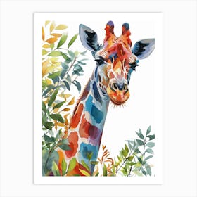 Watercolour Giraffe Head In The Leaves 1 Art Print