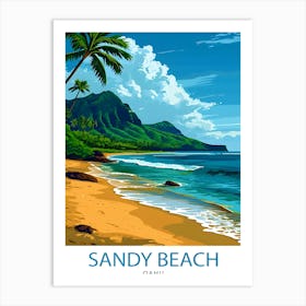 Sandy Beach Oahu Print Hawaiian Shoreline Art Oahu Beach Poster Hawaii Surf Wall Decor Pacific Ocean View Illustration Tropical Island 1 Art Print