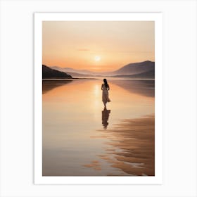 Woman Walking On Beach At Sunset Art Print Art Print