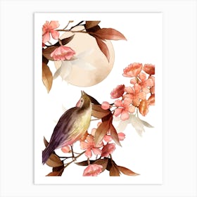 Moonlight Bird Watercolor Botanical Art Print