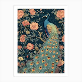 Navy Blue & Pink Peacock Wallpaper Art Print