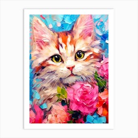 Cat With Roses Art Print