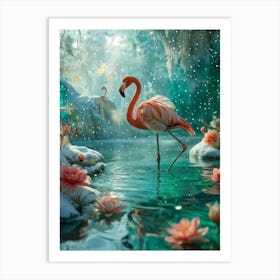 Flamingo Crafted Of Soft Green Plush Appearing To Swim In A Transparent Glass Lake With Snow Gentl Art Print