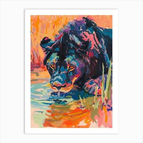 Black Lion Drinking From A Watering Hole Fauvist Painting 3 Art Print