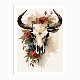 Vintage Boho Bull Skull Flowers Painting (31) Art Print