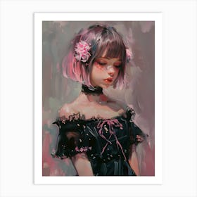 Anime Girl In Black Dress - Eye Closed Art Print