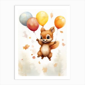 Squirrel Flying With Autumn Fall Pumpkins And Balloons Watercolour Nursery 4 Art Print