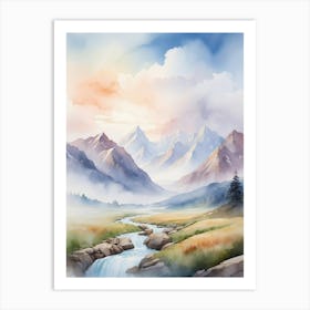 Watercolor Of Mountain Landscape Art Print