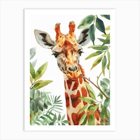 Watercolour Giraffe Head In The Leaves 4 Art Print