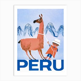 Llama and Boy, Peru Vintage Travel Poster Art Print