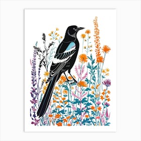 Magpie In The Wildflowers Art Print