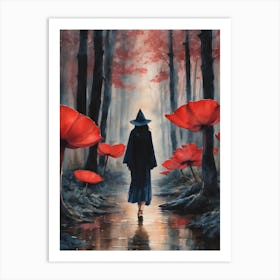 Witch Walking in Lotus Poppy Woods ~ Red Witchy Art Print of a Witch Wearing Black Cloak Strolling Through Enchanted Woods With Giant Fairytale Poppies Pink Forest ~ Trippy Psychedelic Witchcraft Artwork Mysterious Magical Witchcore Cottagecore Wonderland Woods Watercolor Art Print
