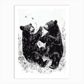 Malayan Sun Bear Playing Together In A Meadow Ink Illustration 2 Art Print