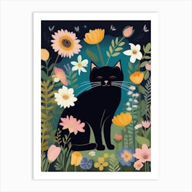 Black Cat In Flowers 4 Art Print