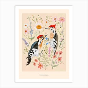 Folksy Floral Animal Drawing Woodpecker Poster Art Print