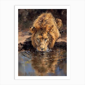 African Lion Drinking From A Watering Hole Acrylic Painting 2 Art Print