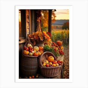 An Inviting Rustic Farm With Vegetables Like Corn Pumpkins Squash Elegantly Arranged In A Wooden B (6) Art Print