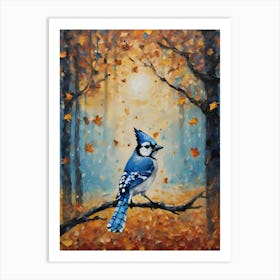 Cottagecore Blue Jay in Autumn Forest - Acrylic Paint Little Fall Bird Art with Falling Leaves at Night on a Sunlight Day, Perfect for Witchcore Cottage Core Pagan Tarot Celestial Zodiac Gallery Feature Wall Beautiful Woodland Creatures Series HD Art Print