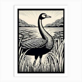 B&W Bird Linocut Goose 2 Art Print