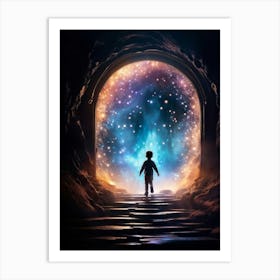 Silhouette Of A Whimsical Child Figure Partways Emerging From A Swirling Portal Polychrome Particl Art Print