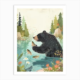 American Black Bear Catching Fish In A Tranquil Lake Storybook Illustration 1 Art Print