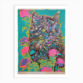 Cute Main Coon Cat With Flowers Illustration 3 Art Print