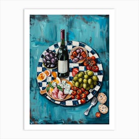 Mezze Platter With Wine Blue Brushstrokes Art Print
