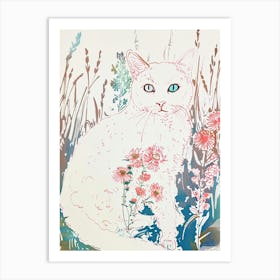 Cute Angora Cat With Flowers Illustration 3 Art Print
