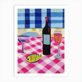 Painting Of A Table With Food And Wine, French Riviera View, Checkered Cloth, Matisse Style 2 Art Print