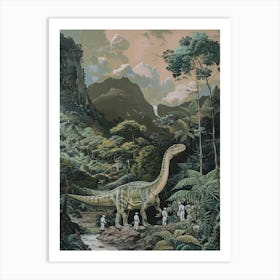 Paleontologists Observing A Dinosaur In The Jungle Painting Art Print