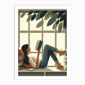 Girl Reading Books On Window Sill Art Print