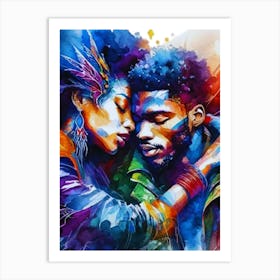 Black love, black couple, bedroom art, love, couple, hugging, Afrofuturism Art Print