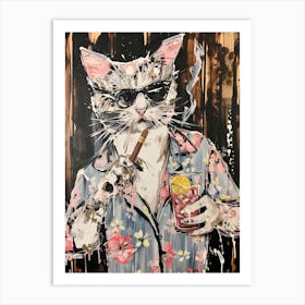 Animal Party: Crumpled Cute Critters with Cocktails and Cigars Hawaiian Cat Art Print