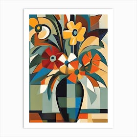 Flowers In Vase Cubism Blue Orange 1 Art Print