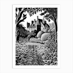 Sissinghurst Castle Garden, United Kingdom Linocut Black And White Vintage Poster