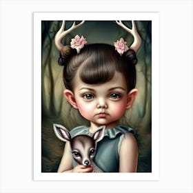 A Young Girl Holding A Deer In Her Arms Art Print