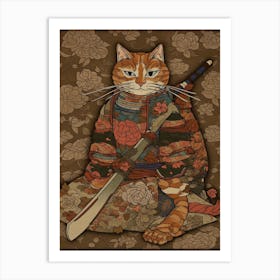 Cute Samurai Cat In The Style Of William Morris 12 Art Print