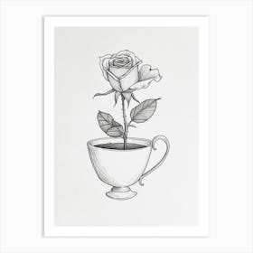 English Rose In A Cup Line Drawing 3 Art Print