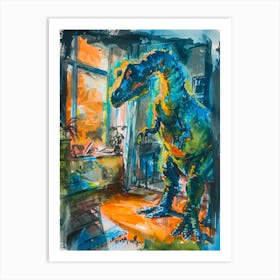 Dinosaur In The House Gouache Watercolour Art Print