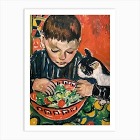 Portrait Of A Boy With Cats Eating A Salad 3 Art Print