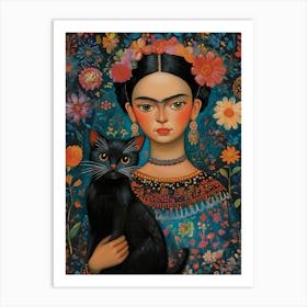 Two Black Cats, Mexican Painting Botanical Floral Art Print