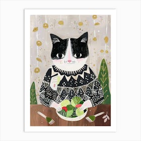 Black And White Cat Eating Salad Folk Illustration 2 Art Print