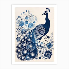 Navy Blue & Cream Peacock With Tropical Flowers 2 Art Print